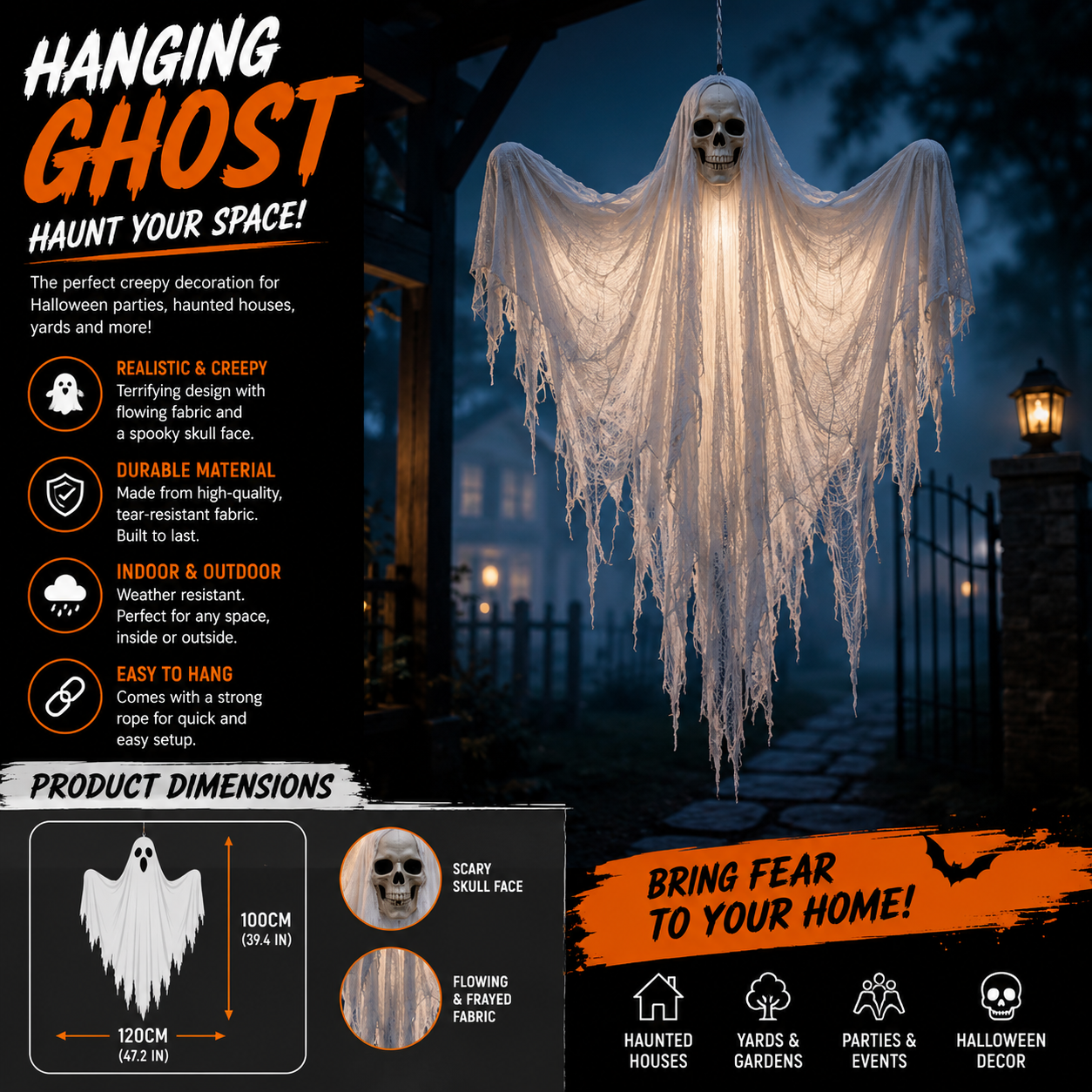 Hanging Halloween skull decoration in gray
