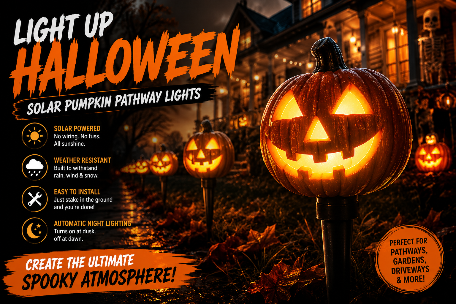 Halloween solar pumpkin pathway lights lining a garden walkway at night