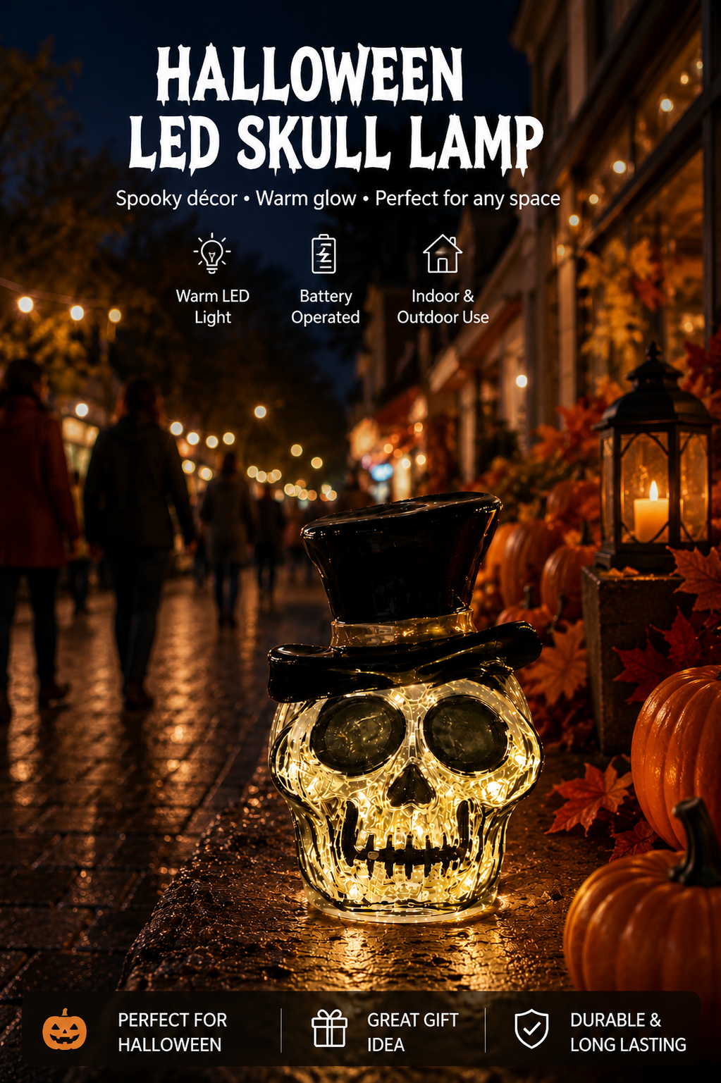 Halloween wooden LED lamp glowing on display