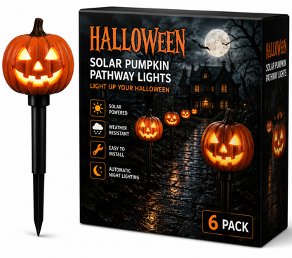 Solar-powered Halloween pumpkin pathway lights, 4-pack, glowing jack-o'-lantern stakes