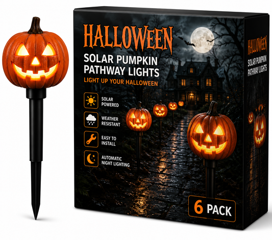 Solar-powered Halloween pumpkin pathway lights, 4-pack, glowing jack-o'-lantern stakes