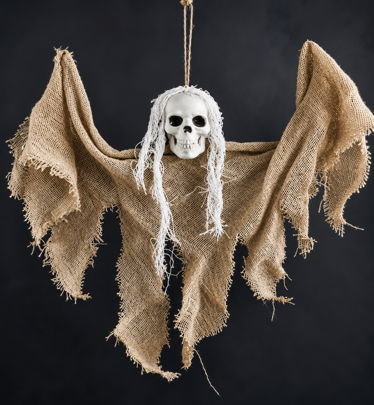 Close-up detail of hanging Halloween skull decoration