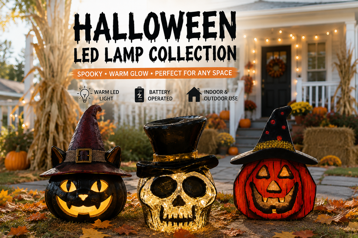 Halloween Wooden LED Lamp – Cat, Pumpkin & Skull