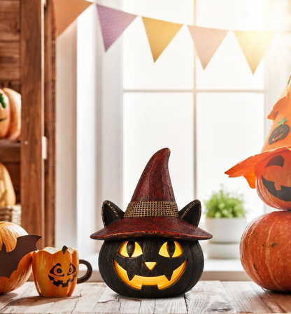 Halloween wooden LED lamp with witch hat topper – cat, pumpkin, and skull styles