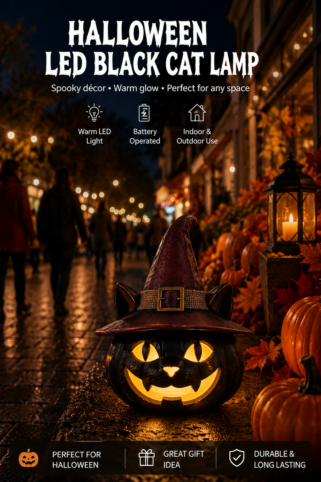 Halloween wooden LED lamp lit up at night