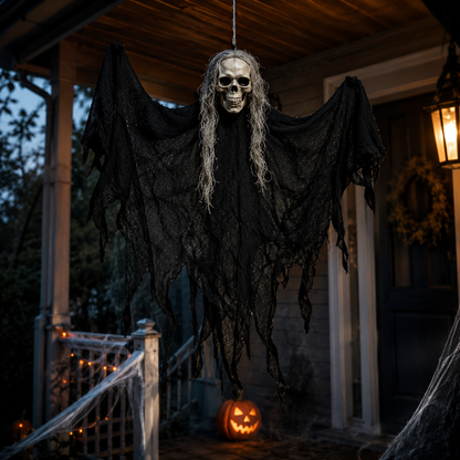Hanging Halloween skull decoration displayed outdoors
